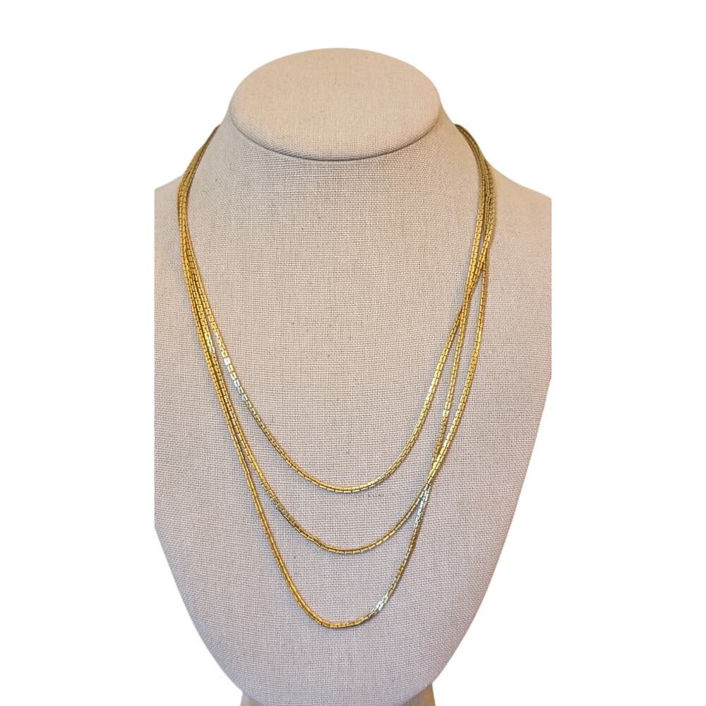 Vintage Three Strand Rectangle Chain Link Gold Tone Necklace